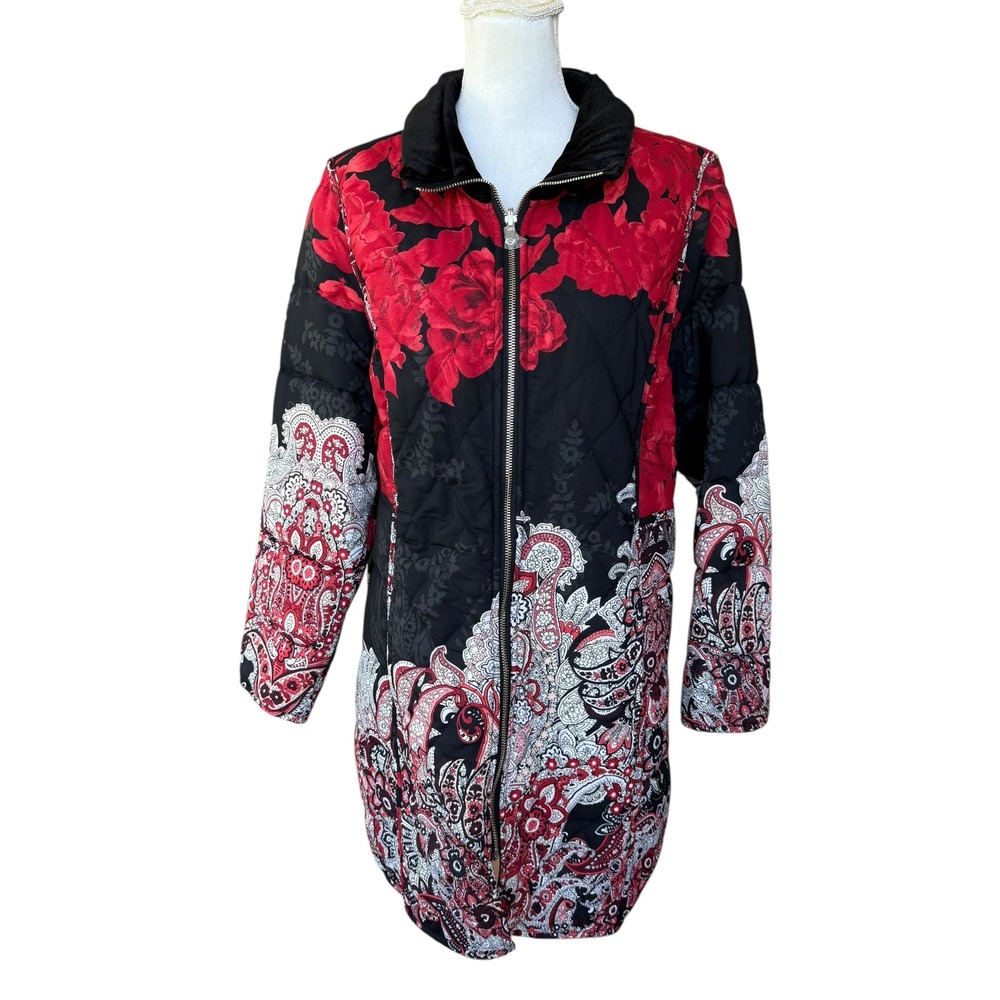 Chicos Silk Reversible Quilted Puffer Jacket Floral Paisley & Black Velvet Coat